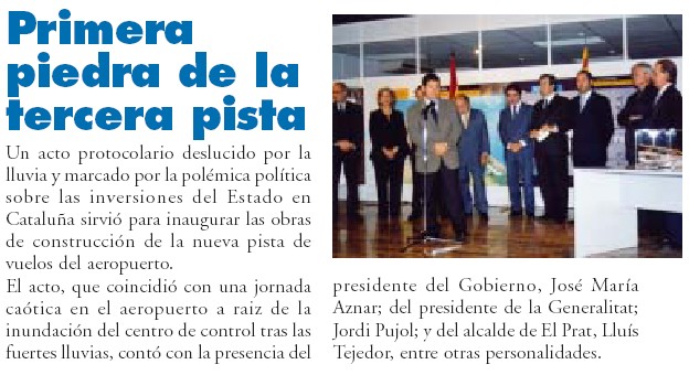 Notícia de la posada de la primera pedra de la tercera pista de l'aeroport del Prat a la revista de l'Ajuntament del Prat (Octubre de 2002)
