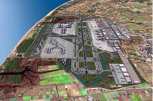 Render amb la imatge futura de l'aeroport de Barcelona-El Prat incloent el satèl·lit