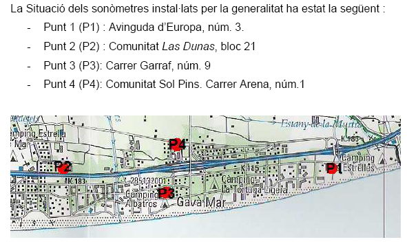 Localización de los 4 sonómetros que el Departamento de Medio Ambiente instaló en Gavà Mar