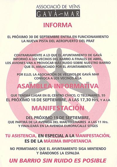 Cartell convocant una assemblea informativa i la manifestació de veïns de Gavà Mar del 19 de setembre de 2004