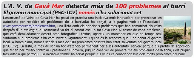 Notcia publicada a L'ERAMPRUNY (Nmero 42 - / 2 / 2007) sobre la gesti dels problemes de Gav Mar realitzada per l'AVV de Gav Mar