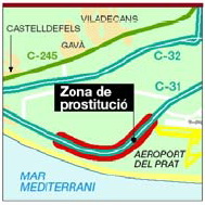 Mapa amb tota la zona de l'autovia de Castelldefels (C-31) on hi ha prostitució