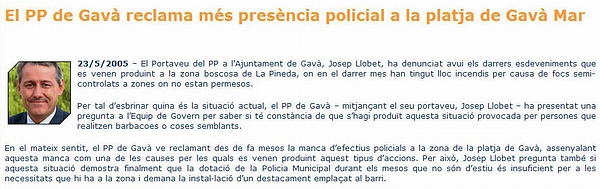 Nota de premsa del PPC de Gav demanant la installaci a Gav Mar d'un destacament de la Policia Local a Gav Mar (23 de Maig de 2005)
