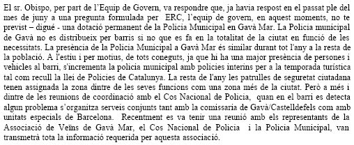 Resposta del Tinent d'Alcalde de l'Ajuntament de Gav (Jos Obispo) negant la possibilitat que la Policia Local de Gav s'estableixi permanentment a Gav Mar (21 de desembre de 2007)