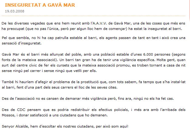 Notcia publicada a la web de CDC (Convergncia Democrtica de Catalunya) de Gav el 19 de mar de 2008 sobre la inseguretat a Gav Mar