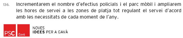 Extracte del programa electoral del PSC de Gav anunciant l'ampliaci de les hores de servei de la policia local a Gav Mar per regulant el servei (Maig de 2007)