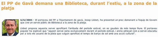 Nota de premsa del PPC de Gavà reclamant la instal·lació d'una biblioteca durant l'estiu a Gavà Mar (6 de juny de 2005)