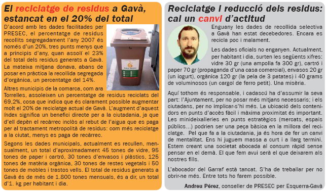 Notcia publicada a L'ERAMPRUNY (Nmero 54 - Febrer de 2008) sobre la situaci del reciclatge a Gav