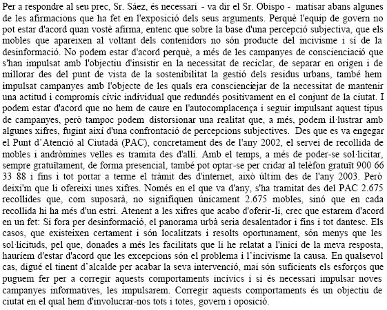 Resposta de l'Equip de Govern Municipal de l'Ajuntament de Gav de promocionar la recollida gratuta de mobles a domicili (27 de novembre de 2008)