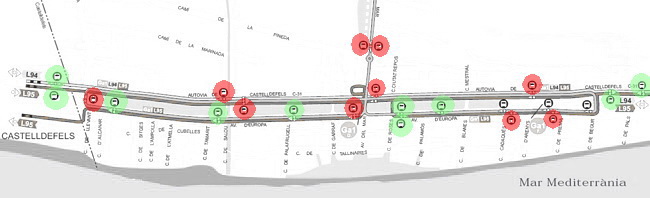 Mapa de les parades d'autobús de Gavà Mar (VERD: tenen marquesina, VERMELL: no tenen marquesina)