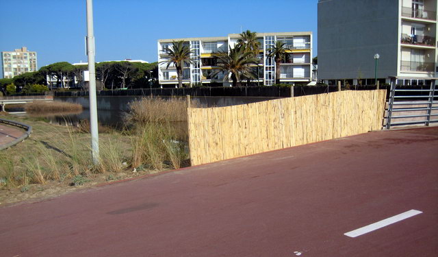 Tanca de canyes installada per l'Ajuntament de Gav al costat del nou pont sobre la Riera dels Canyars per millorar-ne la seguretat (2 de Gener de 2011)