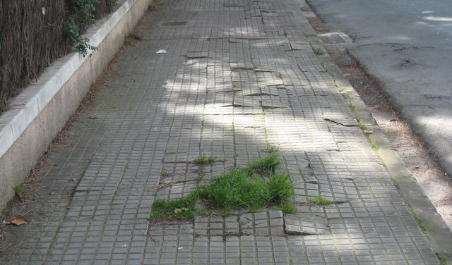 Imagen de la acera mar de la avenida Europa de Gavà Mar (entre la avenida del mar y la calle Garraf) donde se ven las baldosas que hay levantadas y que provocan tropiezos a los peatones (17 de Abril de 2009)