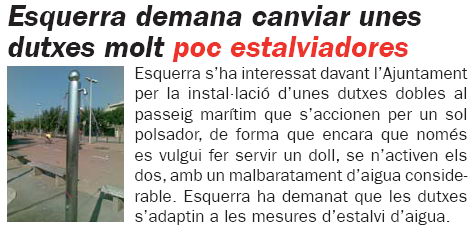 Notcia publicada al nmero 63 de la publicaci L'ERAMPRUNY explicant la sollicitud d'ERC de Gav a l'Ajuntament per emprar dutxes ms estalviadores d'aigua (Novembre de 2008)
