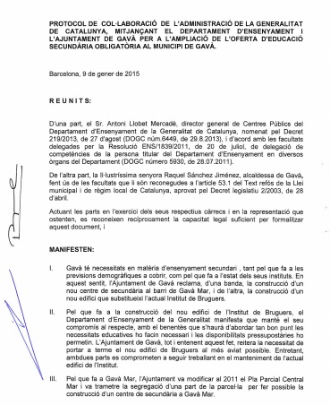 Protocol signat entre l'Ajuntament de Gav i la Generalitat per la creaci de dues lnies d'ESO a Gav Mar (9 Gener 2015)
