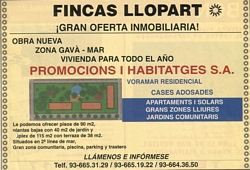 Anuncio publicado en la prensa por Fincas Llopart sobre la construcción y venta de viviendas en Central Mar (Gavà Mar) a finales de los años 90 