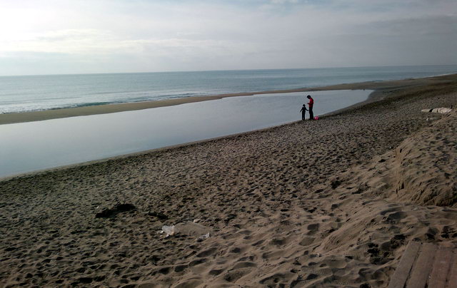 Imatge de la petita llacuna que s'ha format a la zona de la platja de Gav Mar afectada per dues regressions consecutives. Tamb es veuen els tubs semienterrats (9 de Desembre de 2011)