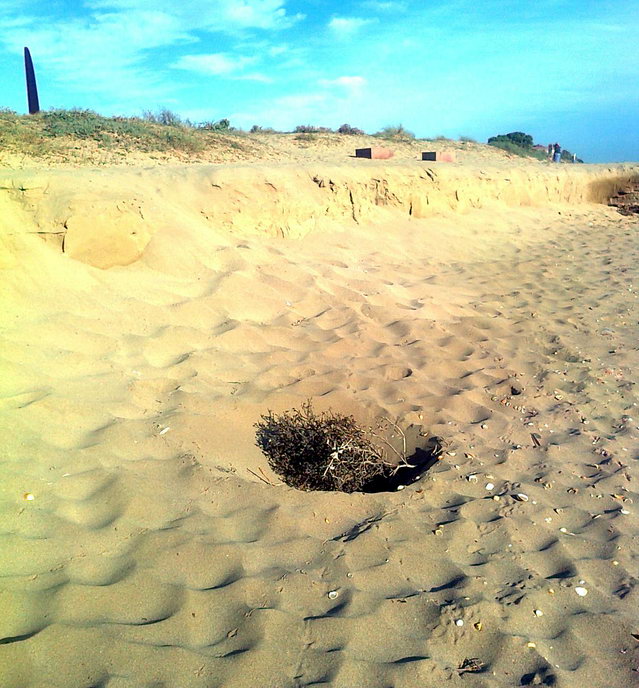 Imagen del punto de donde se ha retirado un barril en la zona de la playa de Gav Mar afectada por dos regresiones consecutivas (14 de Diciembre de 2011)