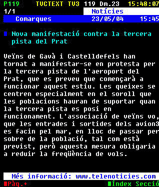 Teletexto de TV3 con la información sobre la manifestación celebrada en Gavà Mar para protestar contra las futuras rutas del aeropuerto del Prat (23 de Mayo de 2004)