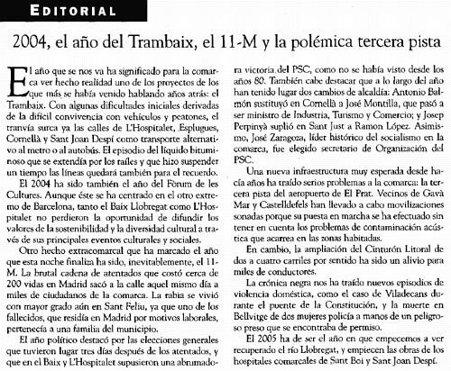 Resumen del año 2004 segons el diari del Baix Llobregat EL FAR (31 de diciembre de 2004)