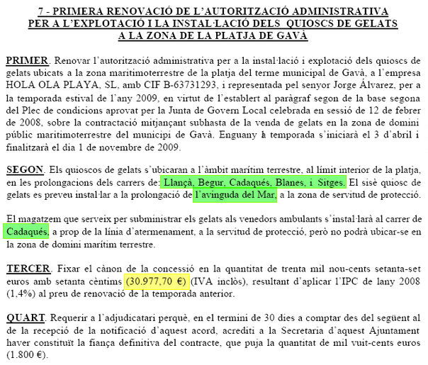 Acord de la Junta de Govern Local de Gav per renovar l'autoritzaci administrativa per a l'explotaci dels quioscs de gelats a la platja de Gav Mar (10 de mar de 2009)