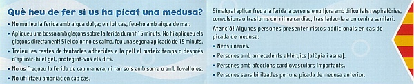 Informació sobre les meduses publicada per la Diputació de Barcelona i distribuïda a les platges de Gavà Mar